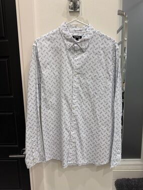 Express Men's White Button-Down Shirt with Light Blue Microprint